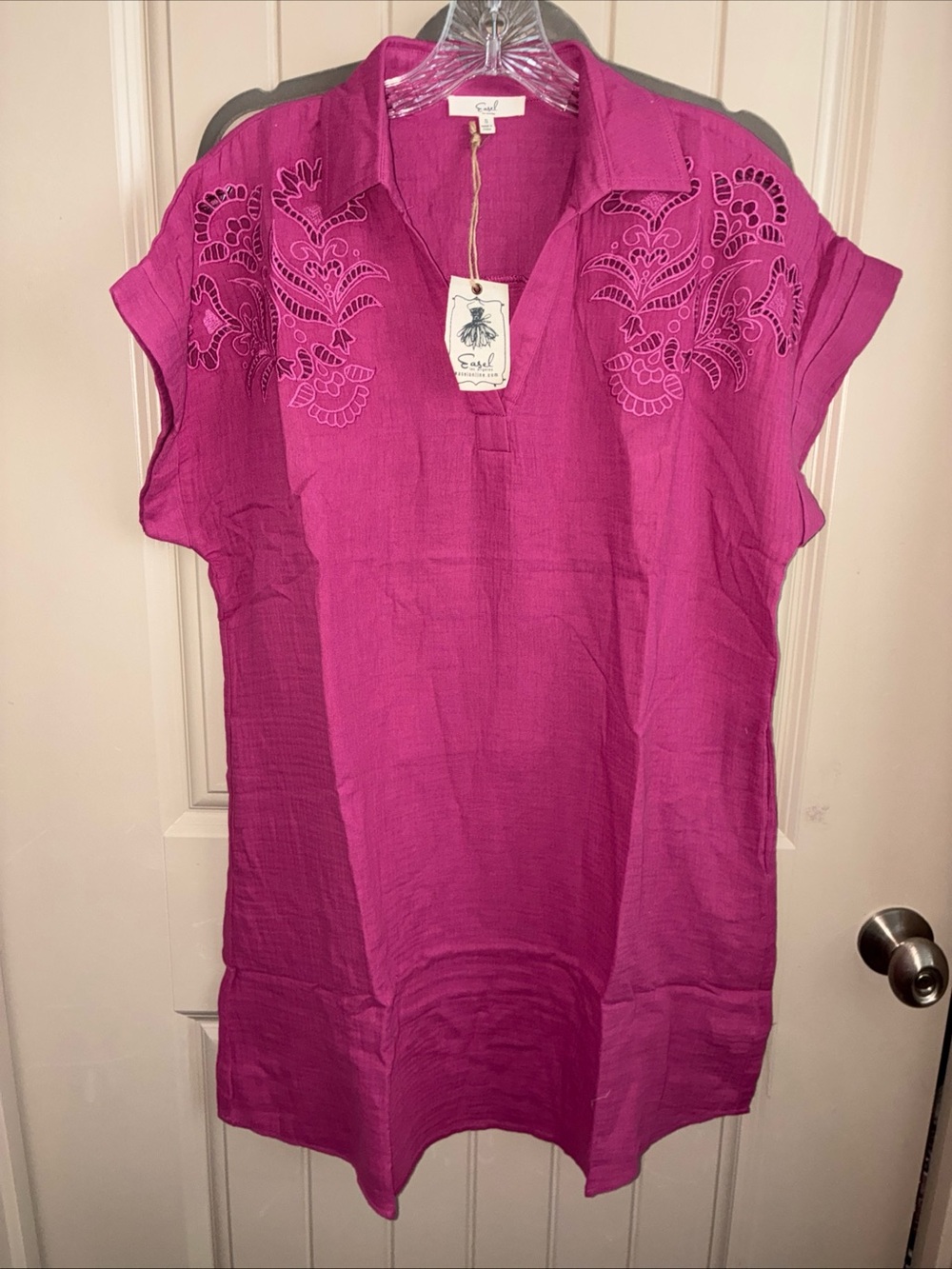 easel Fuchsia Floral Cutwork Short Sleeve Dress